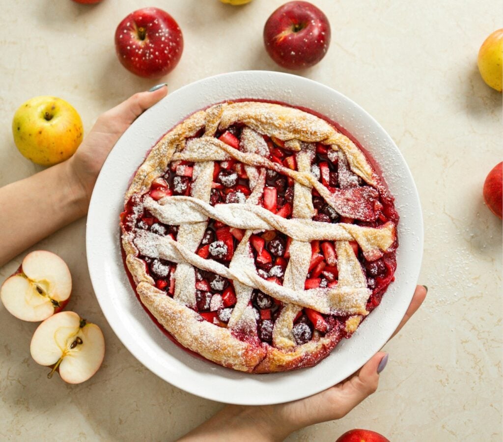 Image SEO Example Image SEO example: Mixed berry pie with a woven crust and powedered sugar on top.