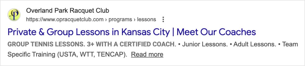 Optimized Local Listing Google search result shows an optimized listing for tennis lessons in Kansas City.