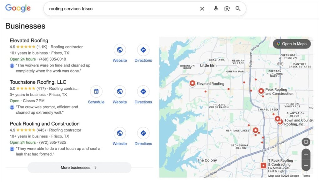 Local businesses in Google search results.