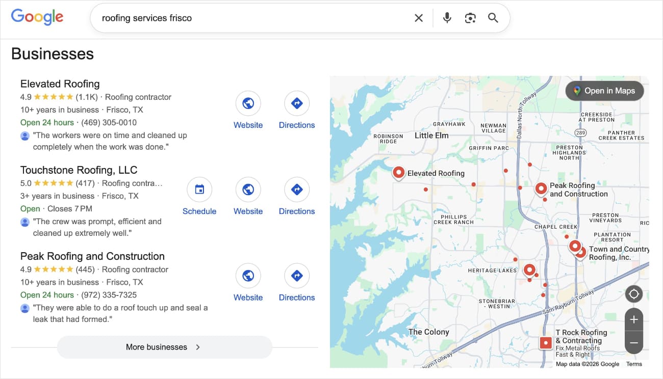 Local Pack Local pack in Google search results for roofing services in Frisco.