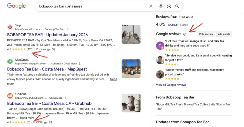 Positive Reviews Positive reviews on Google for a bubble tea business.