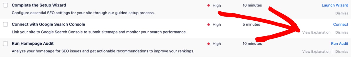 Action links shown in the Action column of the SEO Checklist