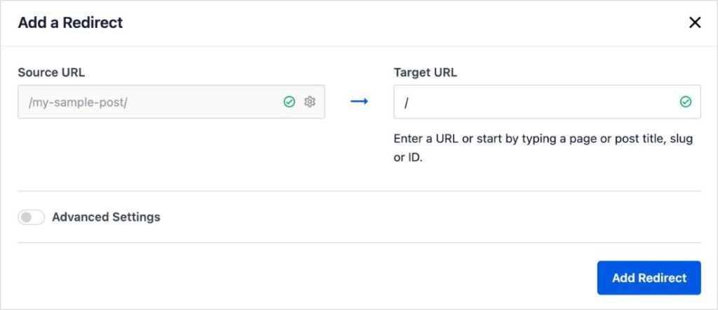 Add a Redirect Settings to add a WordPress redirect in All in One SEO.