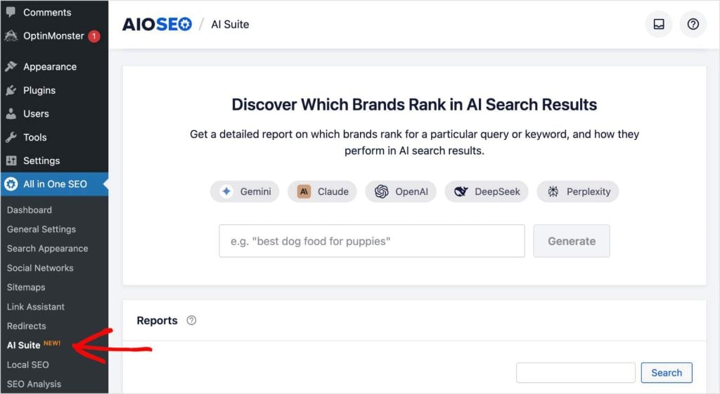 The renamed AI Suite in the AIOSEO menu of WordPress.
