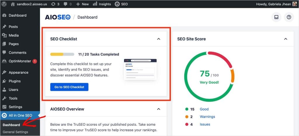 SEO Checklist in the All in One SEO dashboard of WordPress.