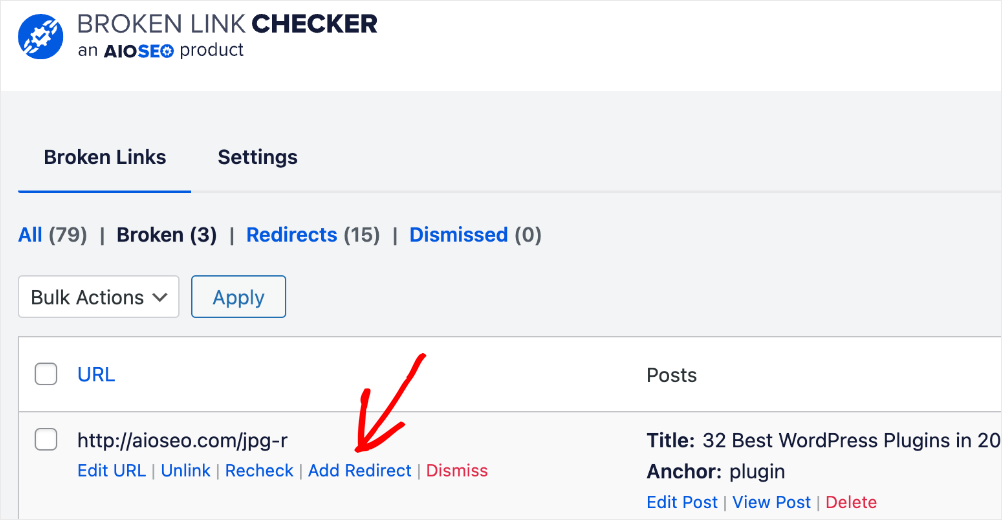 Add Redirect Add redirect option in the Broken Link Checker.