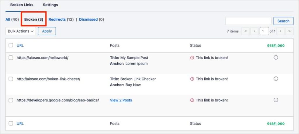 Broken Links in BLC Broken tab in the Broken Link Checker tool.