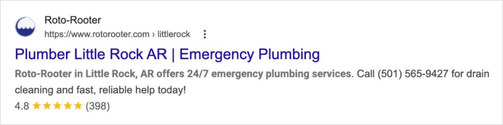 Listado de búsqueda de Google de un fontanero de urgencias en Little Rock, Arizona.