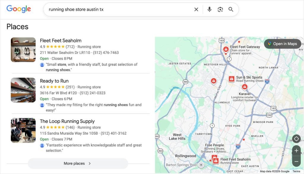 Google Local Pack para tiendas de zapatillas deportivas en Austin, Texas.