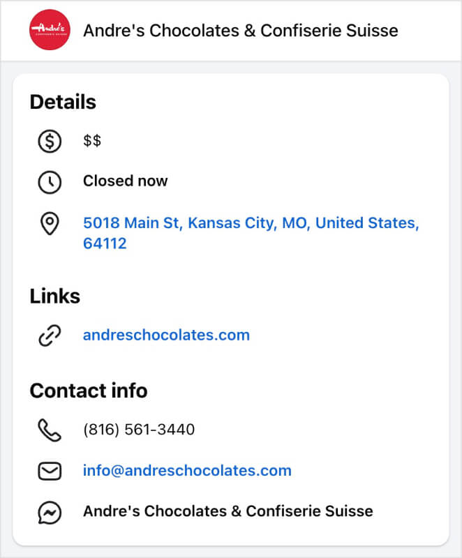 Detalles de NAP de Facebook para un restaurante de Kansas City.
