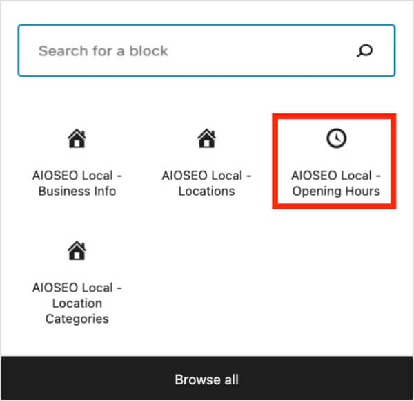 Bloque de Horario de Apertura Local de AIOSEO en WordPress.