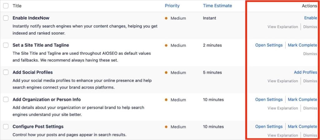 Actions column in the SEO Checklist.