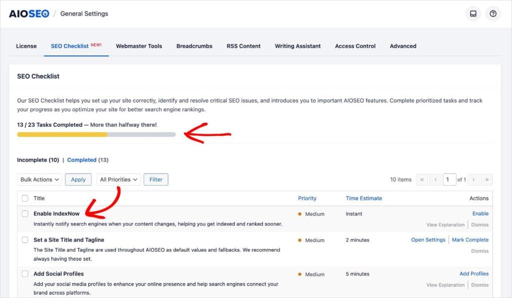 All in One SEO Checklist dashboard and progress bar.