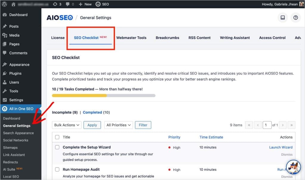 SEO Checklist tab under the General Settings of AIOSEO.