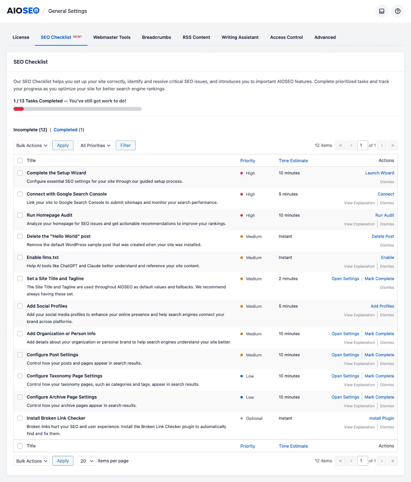 SEO Checklist tab in the All in One SEO General Settings menu
