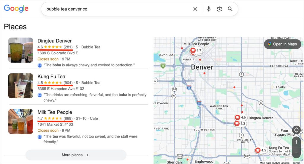El Local Pack de Google muestra negocios con reseñas de casi 5 estrellas.