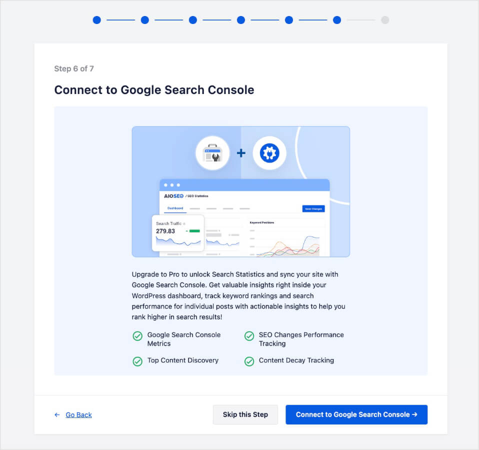 Step 6 asks to connect your WordPress site to Google Search Console.