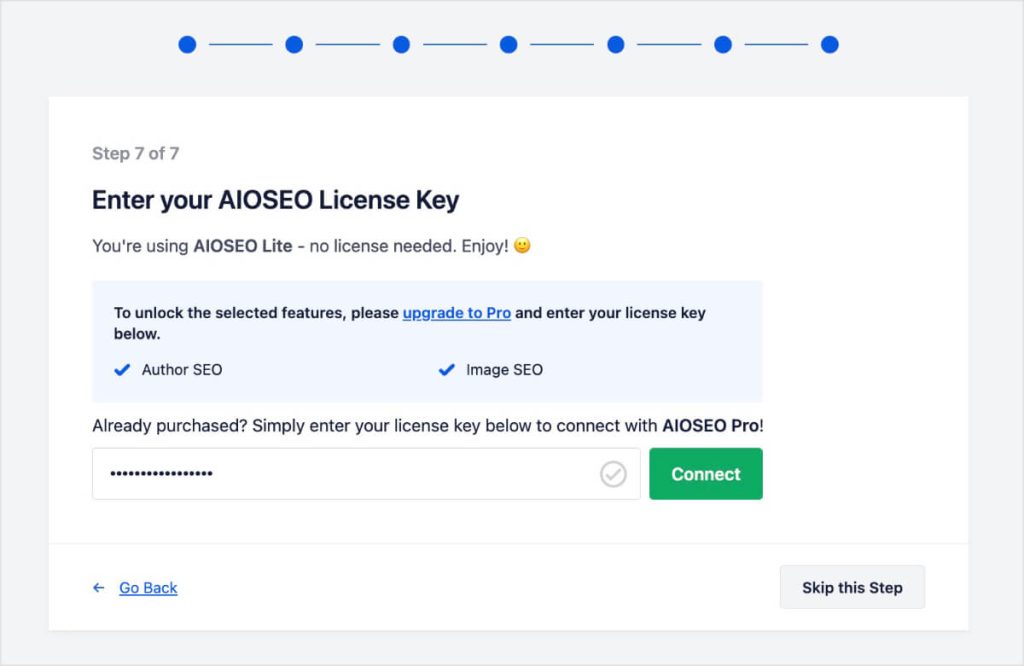 Step 7 of the SEO Wizard asks for your AIOSEO license key.