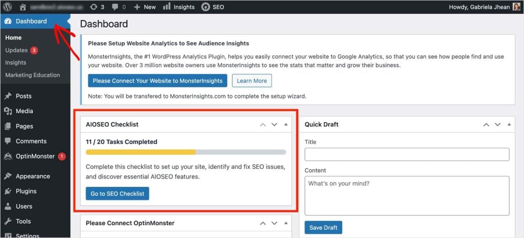 The SEO Checklist is available in the main WordPress dashboard.