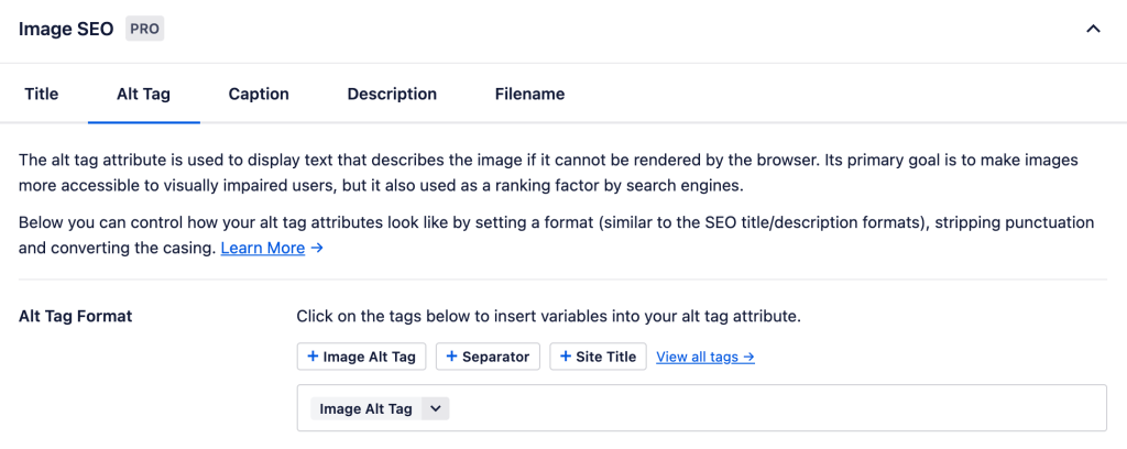 Eine Momentaufnahme, die die Einstellungen für Alt-Tags für die Bild-SEO in AIOSEO zeigt