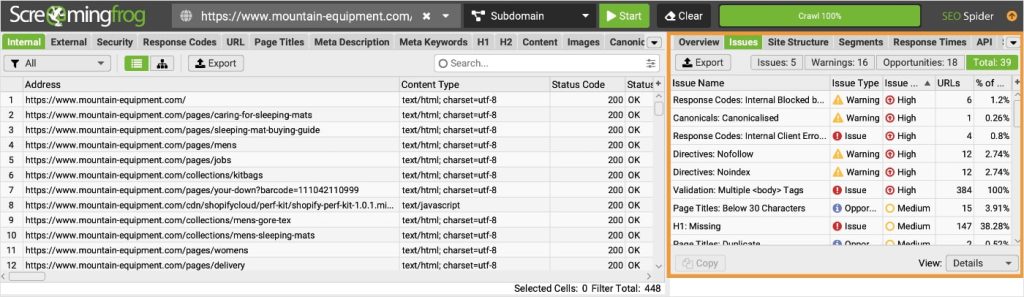 Screaming Frogの問題タブ。サイトの問題を重大度別にランク付けして表示します。