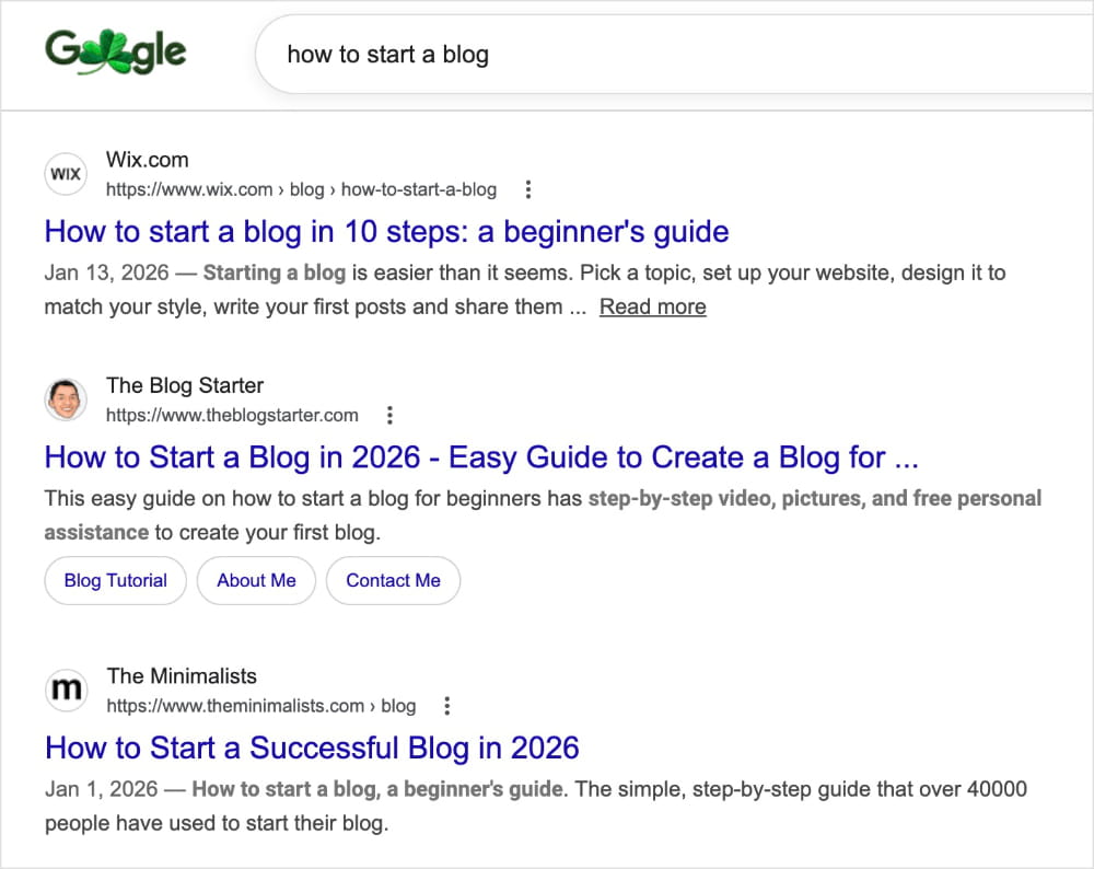 Google search results show how-to guides when a user searches "how to start a blog."
