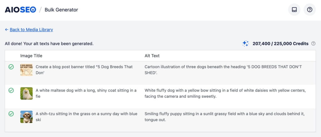 一括ジェネレーターの結果：各アイテムの生成されたaltテキストを持つ3つの画像を示すテーブル（情報インターフェース）。最初の行：見出し「毛が抜けない犬種5選」の下にある3匹の犬の漫画イラスト。2番目の行：白いふわふわのマルチーズ犬が、長い毛をなびかせながら野原に座っています。3番目の行：晴れた日に芝生の上に座っているシーズー犬、青い空と雲が背景にあります。