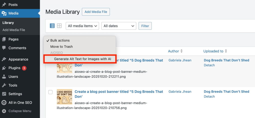 メディアライブラリの一括処理で、AIによる画像のaltテキスト生成オプションが表示されます。