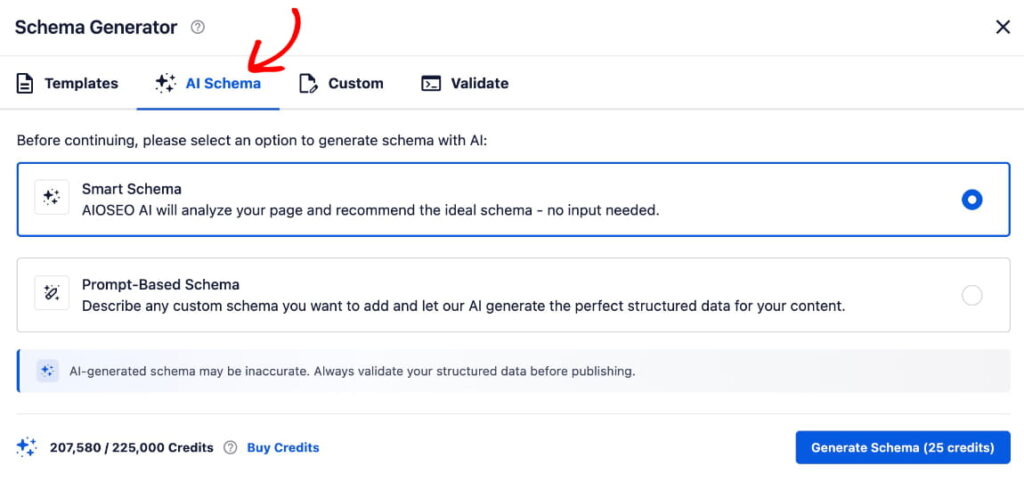 WordPressのAIスキーマジェネレーターがスマートスキーマオプションを表示します。
