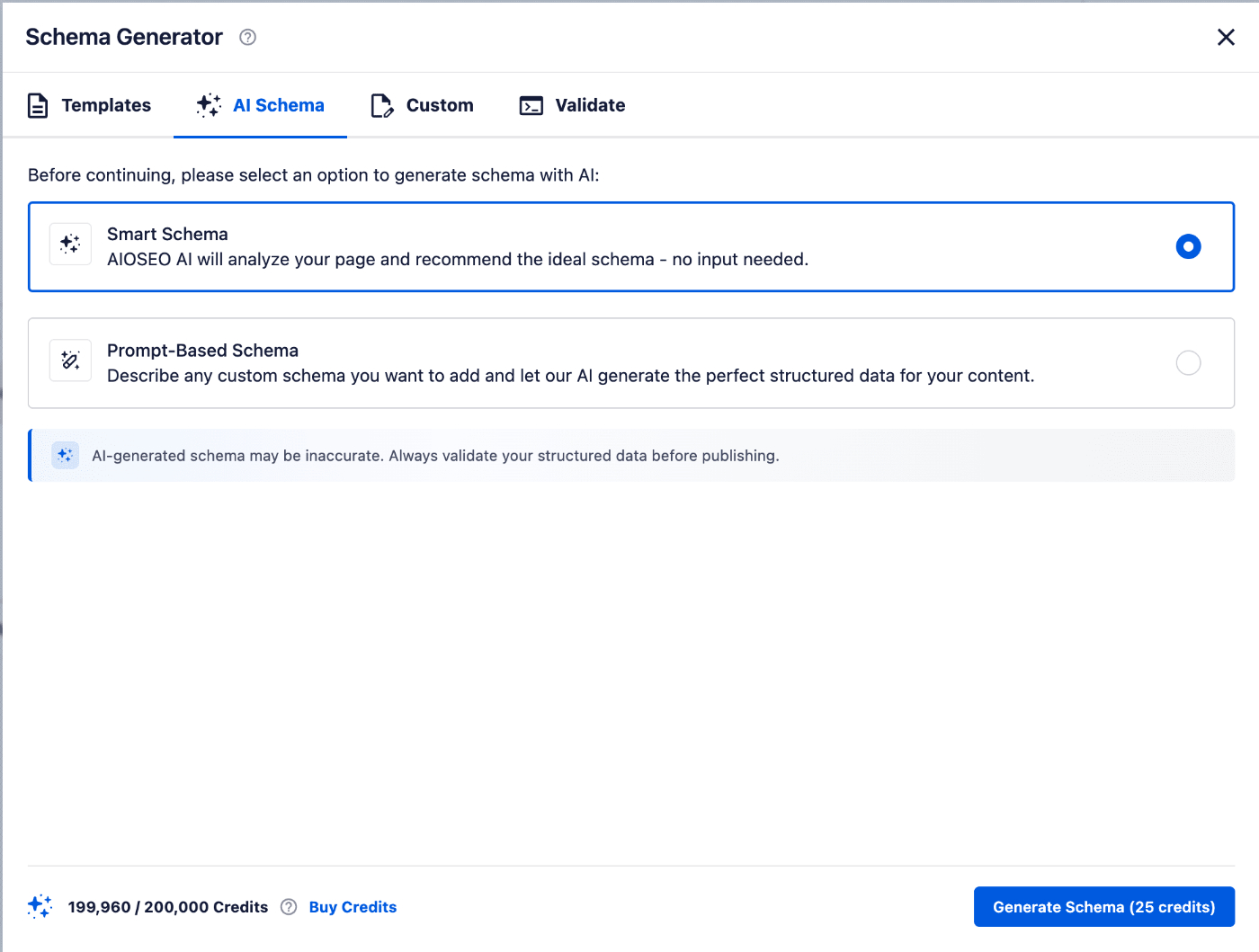 Scheda AI Schema nel Generatore di Schema di All in One SEO