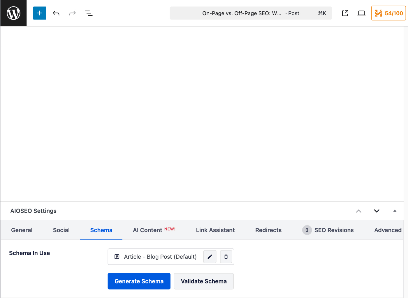 Sezione Impostazioni AIOSEO nella schermata Modifica post