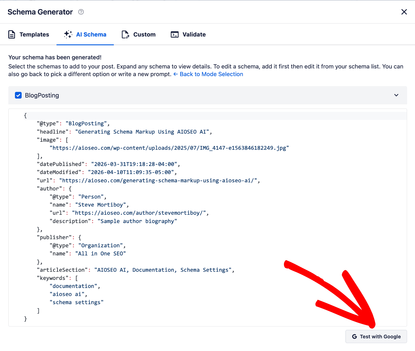 Codice dello schema generato mostrato nella scheda AI Schema