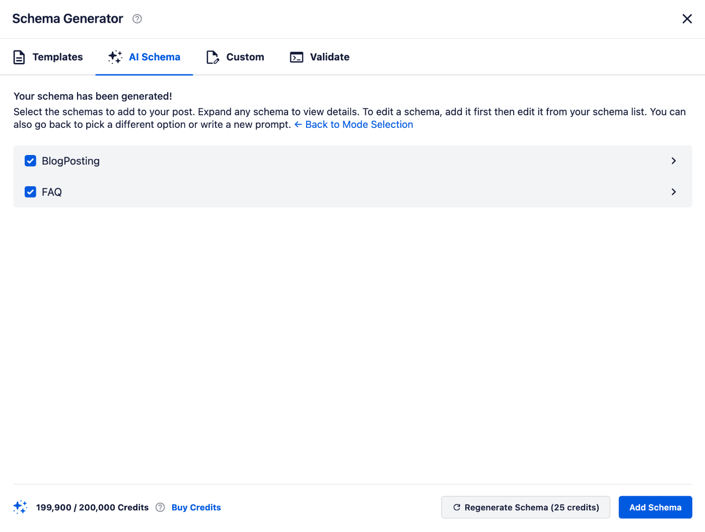 Schema generato mostrato nella scheda AI Schema