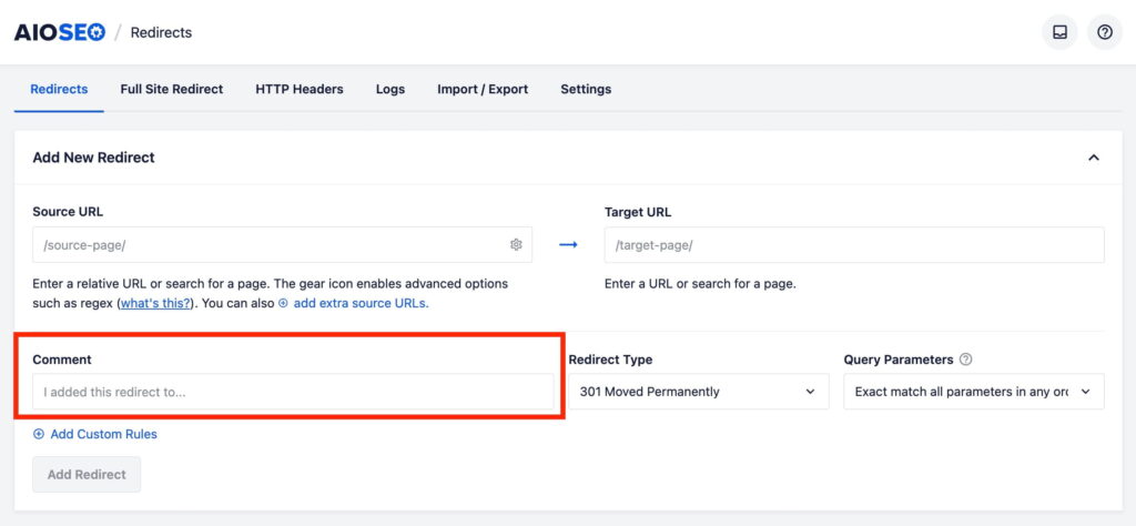 AIOSEO リダイレクトページ：ソースURLとターゲットURLフィールド、コメントボックス、リダイレクトタイプ（301恒久的に移動）、および右側のクエリパラメータを備えた新しいリダイレクトフォーム。