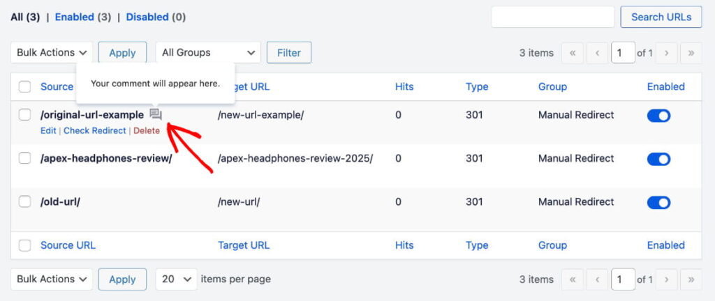 ソース、ターゲット、タイプ（手動リダイレクト）、ヒット数、および有効トグルを表示するリダイレクト管理テーブル。