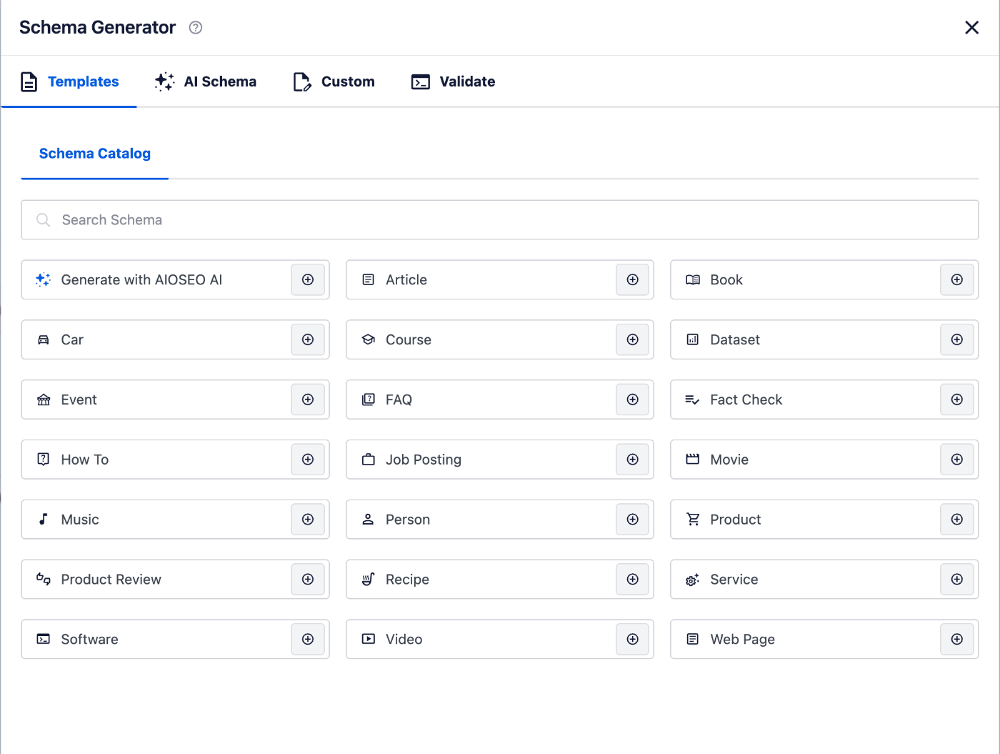 Finestra di dialogo Generatore di Schema in All in One SEO