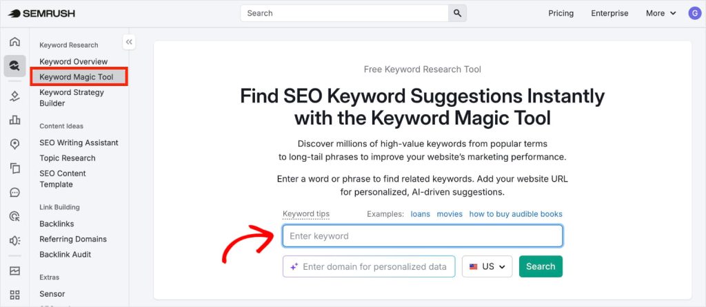 Ricerca con Semrush Keyword Magic Tool.
