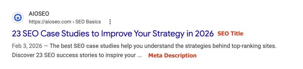 Google Search result shows the SEO title and meta description for a page.