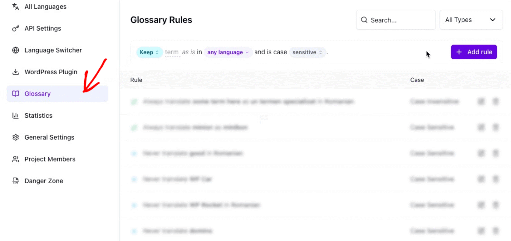 Le regole del glossario di Universally possono includere ed escludere termini specifici.