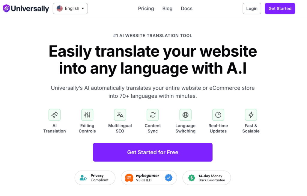 Homepage di Universally, il miglior strumento e piattaforma di traduzione AI per siti web per creare un sito WordPress multilingue.