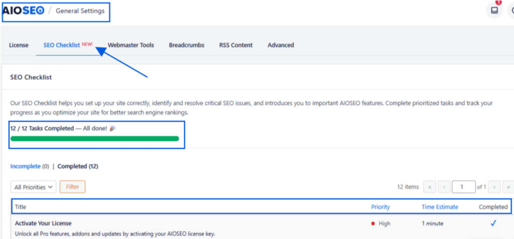 A snapshot of AIOSEO's SEO checklist for organic traffic fixes