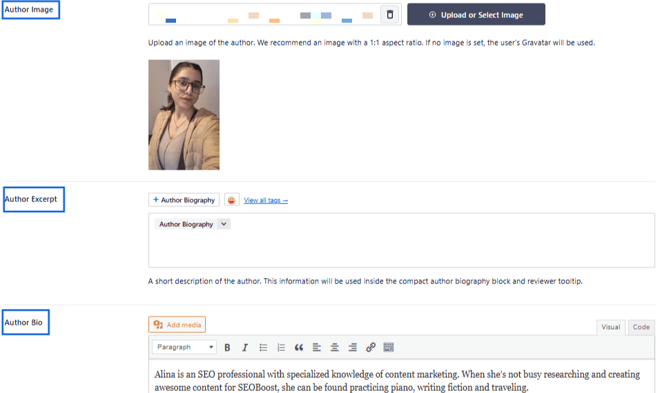A snapshot of author image and bio