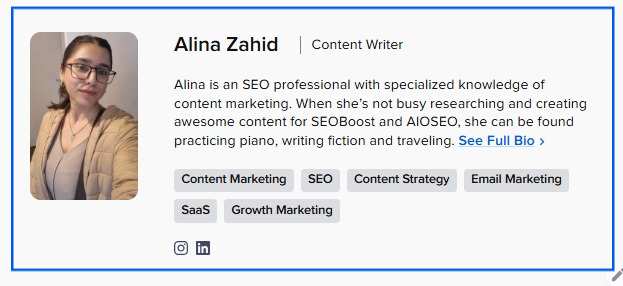 A snapshot of the author bio in the author bio block