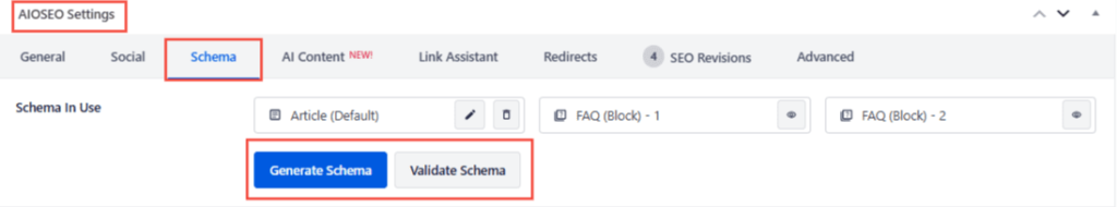 AIOSEO Schema tab showing three schema cards and Generate Schema / Validate Schema buttons.