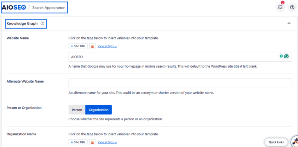 A snapshot of AIOSEO's search appearance feature for EEAT SEO