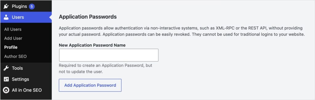 Add application passwords in WordPress admin.