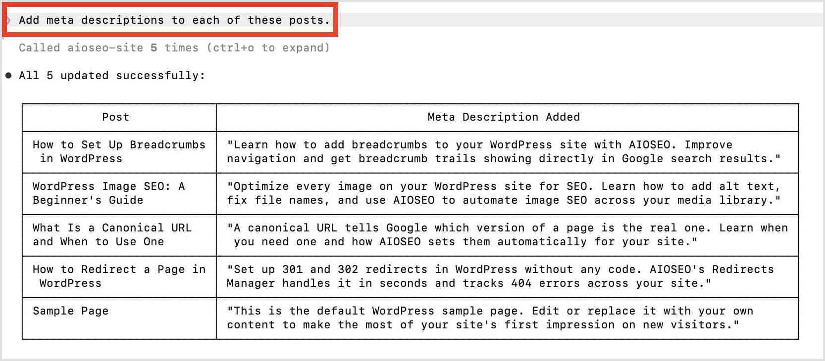 Prompt telling Claude to "add meta descriptions to each of these posts."