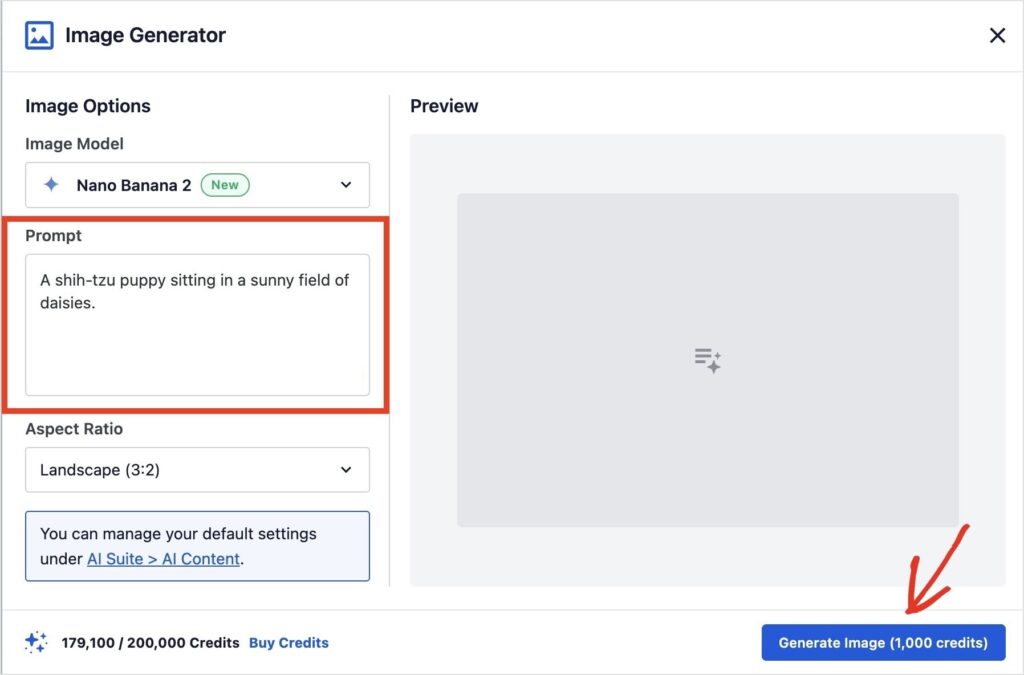 UI for an Image Generator tool: left panel with Prompt text area, image model selector, and options; right preview area; bottom blue Generate Image button