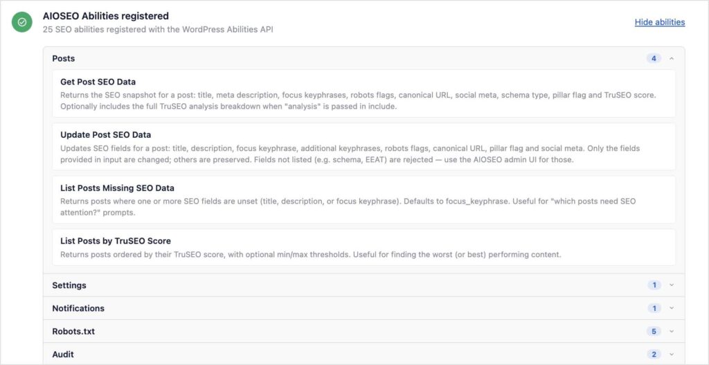 AIOSEO post abilities shows get post SEO data, update post SEO data, list posts missing SEO data, and more.