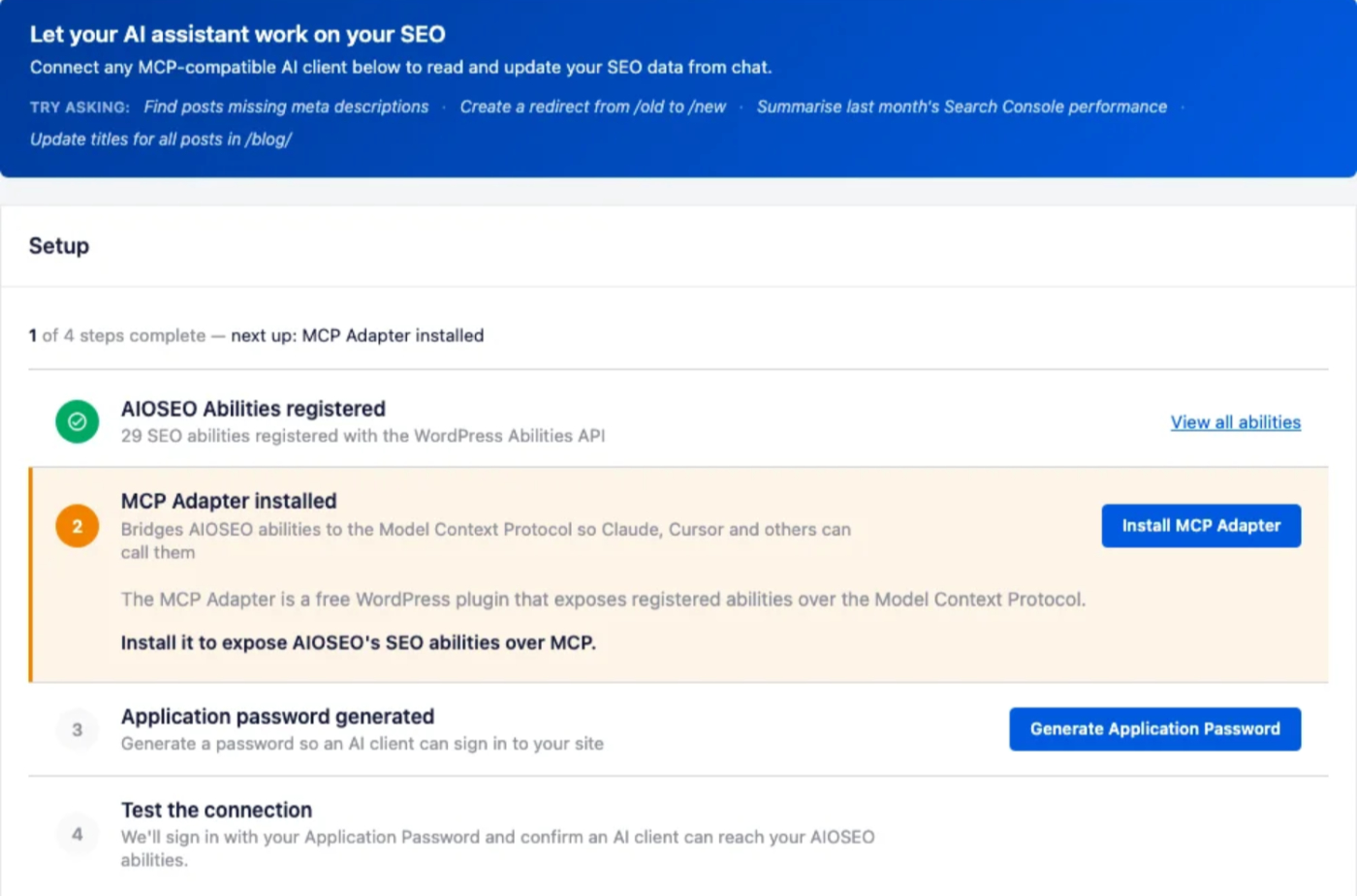 La procedura guidata di configurazione MCP di AIOSEO che mostra il processo di configurazione in quattro passaggi